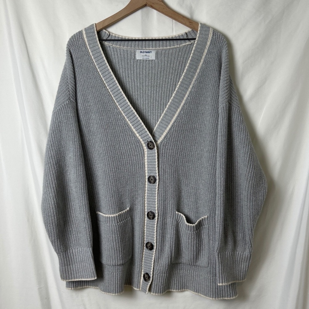 Old Navy Womens Grey Knit Cotton Cardigan Sweater Size XXL Tennis Varsity Preppy
